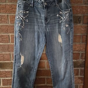 JENNIFER LOPEZ BOYFRIEND JEANS W CUFFED HEM, JEWELED EMBELLISHMENTS POCKETS